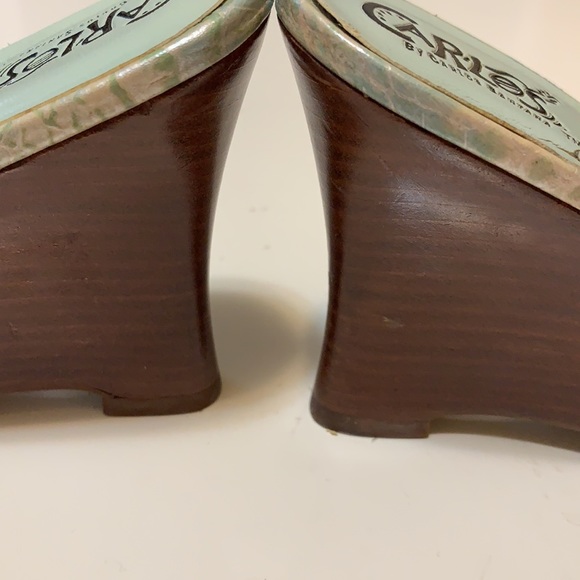 Y2K CARLOS SANTANA GREEN SNAKE CAGED SANDALS  SZ 5.5 M WEDGES LEATHER WEAVE - Picture 10 of 15